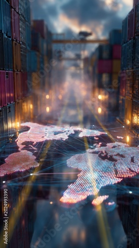 Digital world map projection surrounded by shipping containers symbolizing global trade networks and international logistics connections at dusk