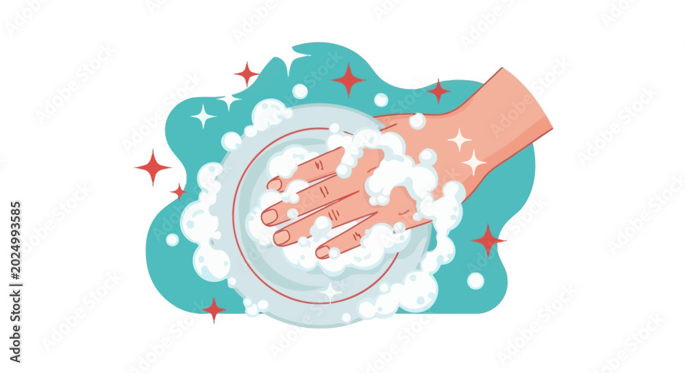 Naklejka premium Hand washing a clean dish with soap bubbles.