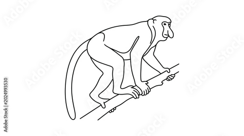 Photography Monkey Climbing Tree Branch, Line Art Illustration