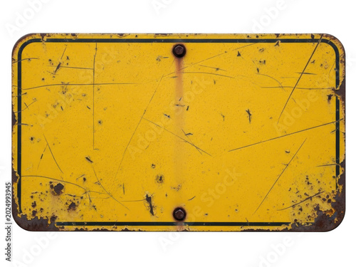 Old rusty yellow metal blank sign with black border and weathered texture isolated on transparent background.