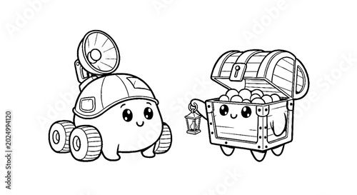 Robotic rover character meeting a sentient treasure chest
