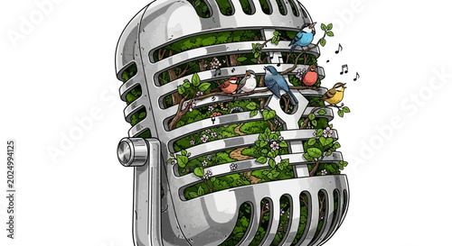 Foto Birds singing inside a vintage microphone with a forest landscape