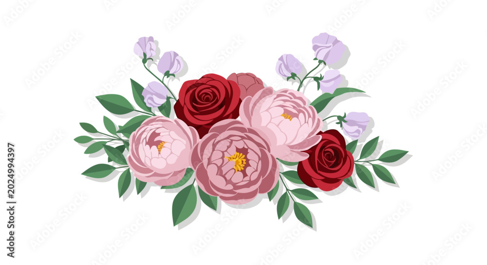 Fototapeta premium elegant vector floral arrangement featuring vibrant red roses soft pink peonies and sweet pea flowers perfect for wedding invitations or romantic greeting cards.