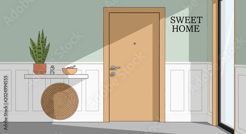 home entryway interior design with sweet home text featuring a plant door and natural light creating a welcoming house.
