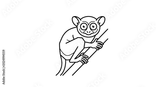Photos Cute Tarsier Monkey Climbing Tree Branch, Outline Drawing, White Background