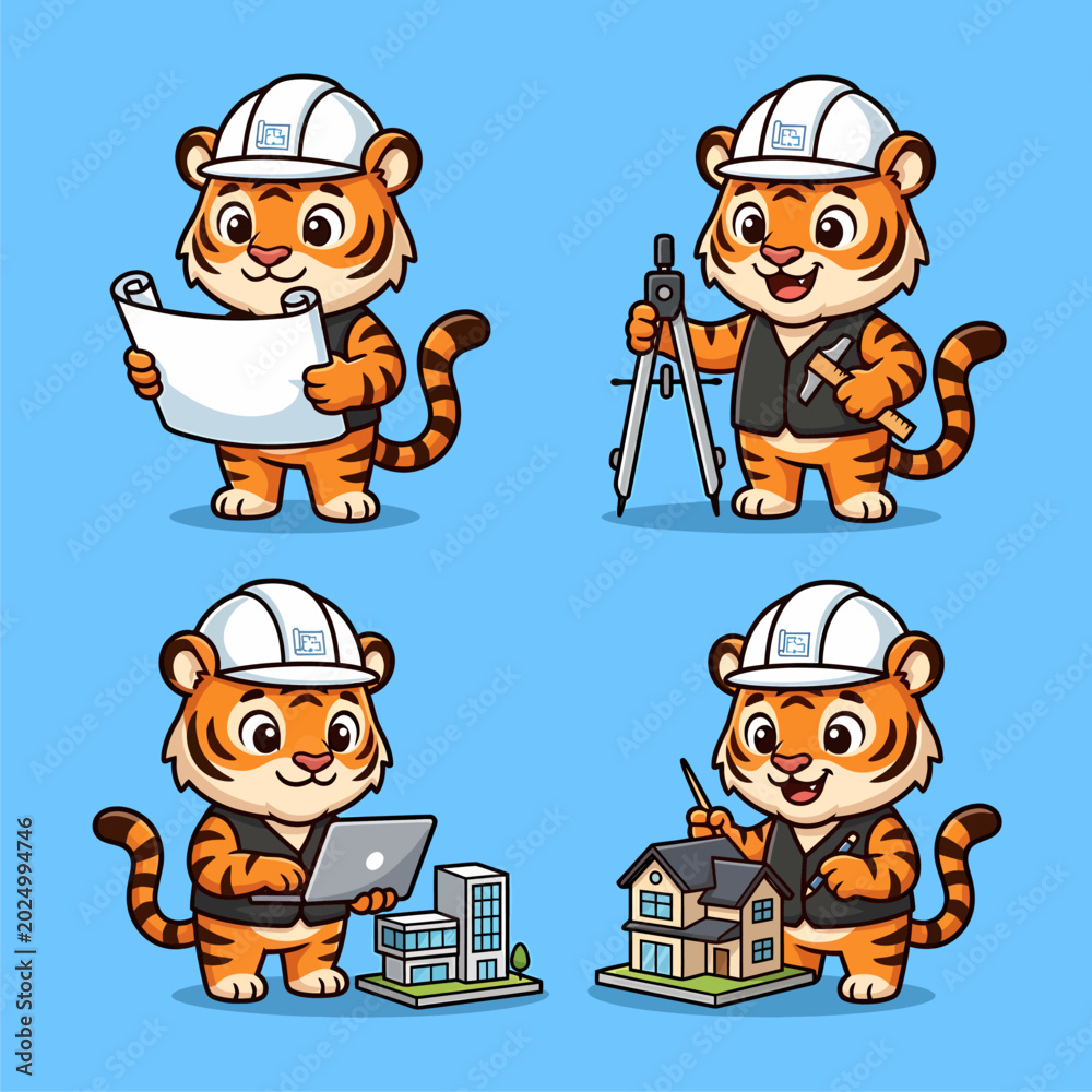 Fototapeta premium Cute Cartoon Tiger Architect and Engineer Character Set