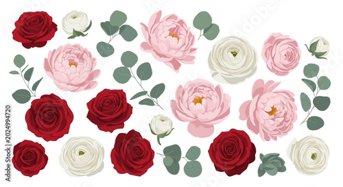 red roses pink peonies and white ranunculus with eucalyptus leaves for elegant spring floral design and wedding invitations