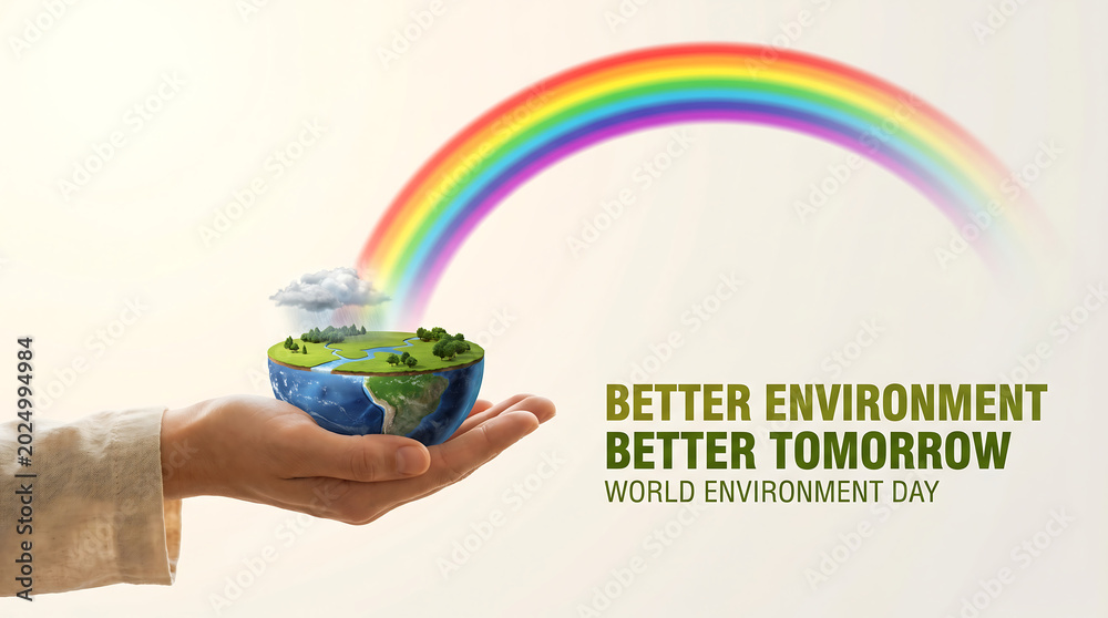 Fototapeta premium Hand Holding Half Earth Globe With Rainbow Arc Symbolizing Hope for a Better Environmental Future on World Environment Day Campaign