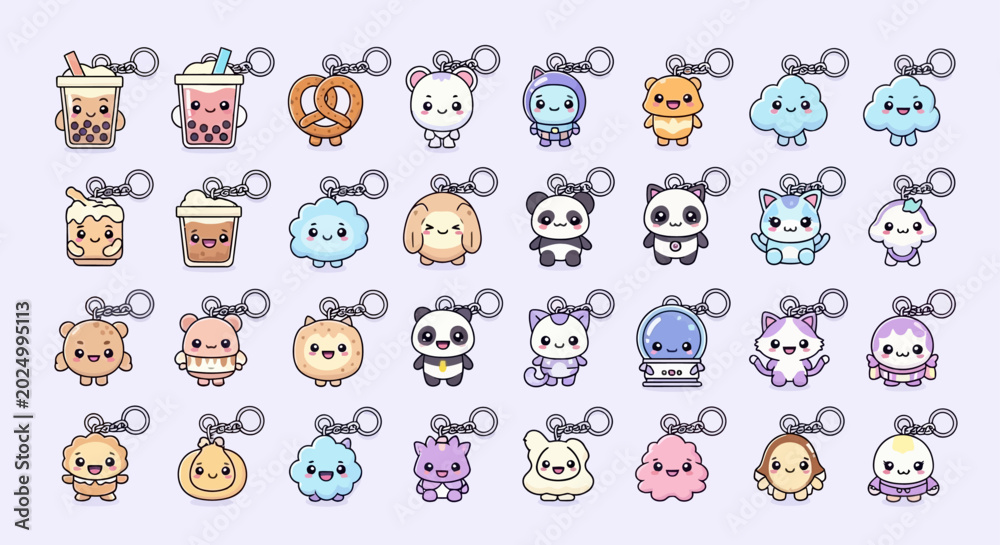 Obraz premium cute kawaii cartoon keychains illustration featuring adorable animal food and object characters for childrens merchandise and digital art projects
