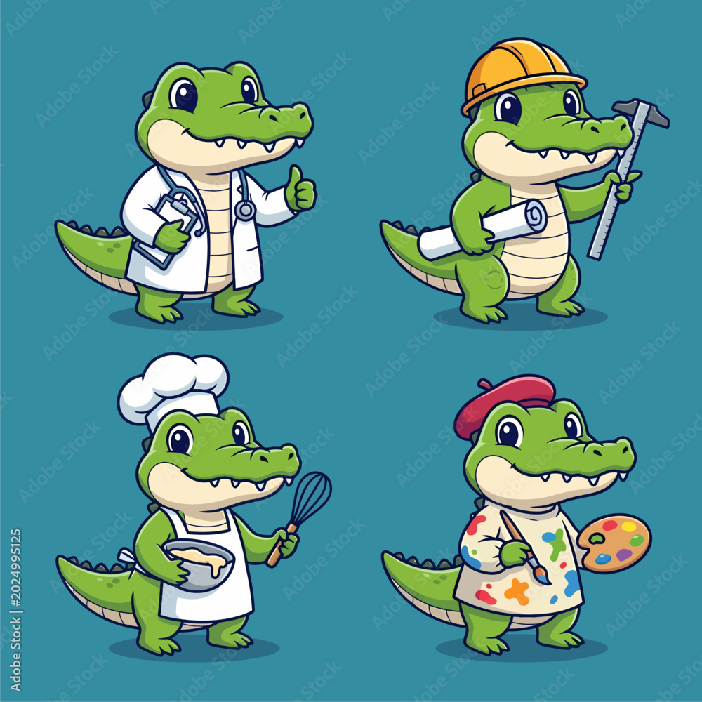 Fototapeta premium Set of cute cartoon crocodiles in various professions