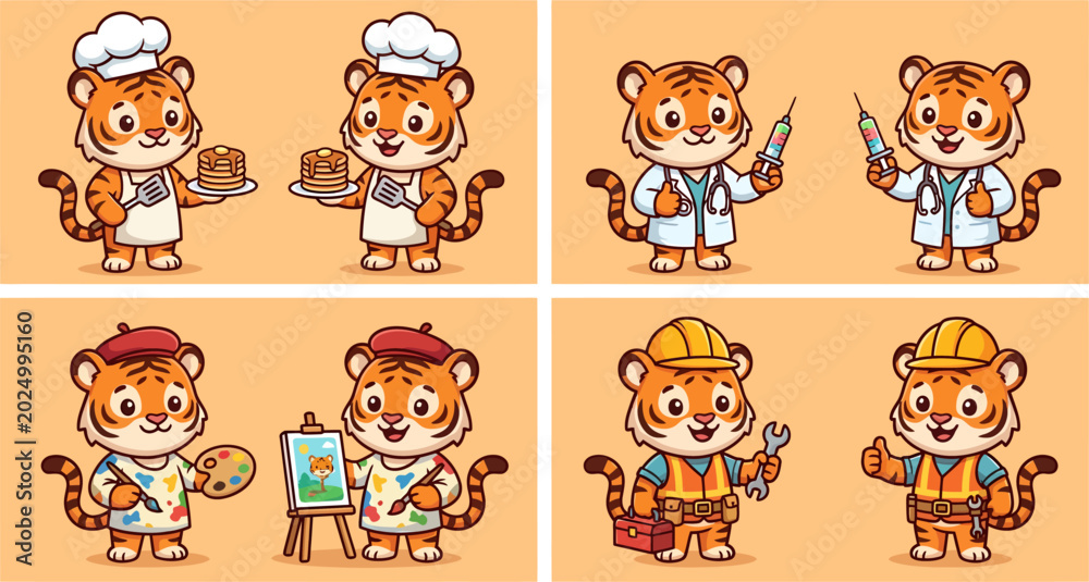 Fototapeta premium Cute Cartoon Tiger Mascot Set in Different Professions