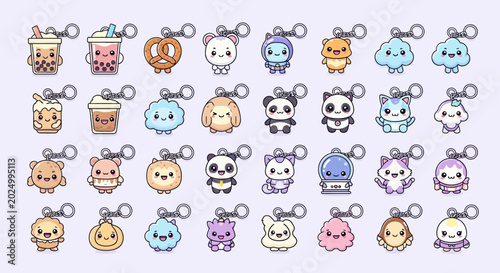 cute kawaii cartoon keychains illustration featuring adorable animal food and object characters for childrens merchandise and digital art projects