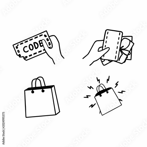 Discount, and sale line icon set., Coupon, promo code, gift card, shopping bag, flash deal minimal vector illustrations. Simple outline signs for retail offers. Blue duotone color. Editable Stroke.