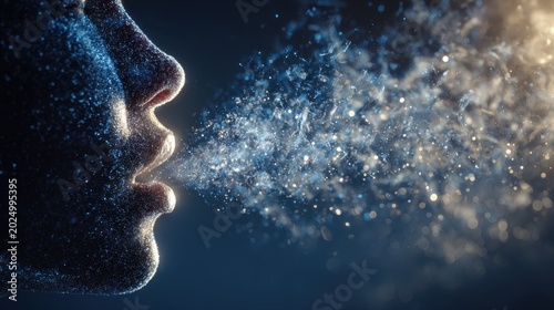 Person exhaling a mist of sparkling particles illuminated by soft light against a dark background showing breath condensation in cold air environment