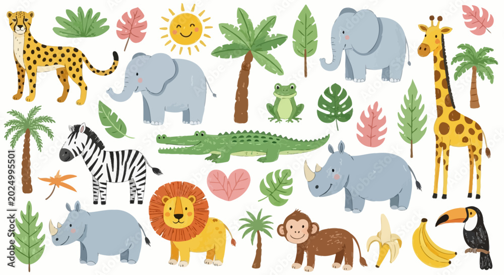 Fototapeta premium safari animals and jungle animals with wild animals and tropical plants in a cute cartoon illustration for kids design on white.