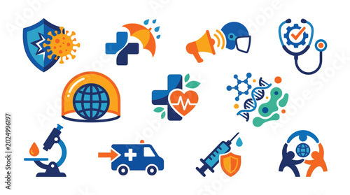 Collection of medical and healthcare icons representing various aspects of health and safety.