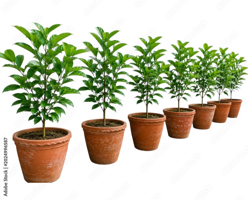 Fototapeta premium Row of Six Young Tree Saplings in Terracotta Pots Isolated on White Background