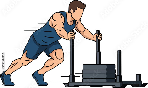 Fotografija Athletic Man Pushing Weighted Sled During Intense Strength Training Workout Vect