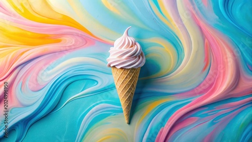 Sweet Treat on Whimsical Swirls A Pastel Ice Cream Cone Resting on a Dreamy, Abstract Background of Intertwined Colors