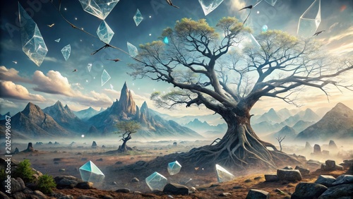 A Mystical Landscape Featuring an Ancient Tree, Crystal Fragments Falling From the Sky, and Misty Mountains in the Distance