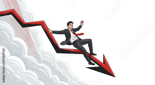 Businessman slides down a market crash graph representing an economic downturn.