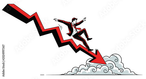 Businessman falling down a financial crisis arrow