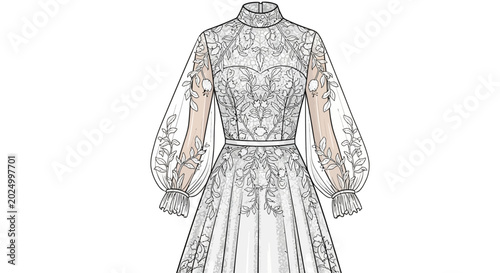 Billede på lærred Elegant haute couture dress sketch with floral embroidery and bishop sleeves