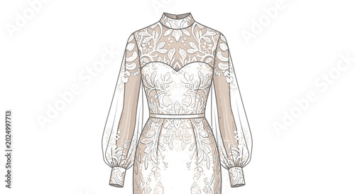 Photos Elegant bridal gown illustration with white floral lace and long puffed sleeves