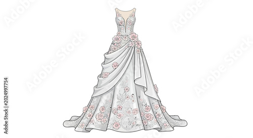 Billede på lærred Elegant wedding dress with pink floral details and draped fabric.