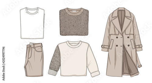 Neutral toned fashion outfit collection with trench coat, sweaters and pants