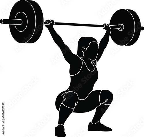 Fotografia Female weightlifter silhouette performing barbell snatch overhead squat isolated