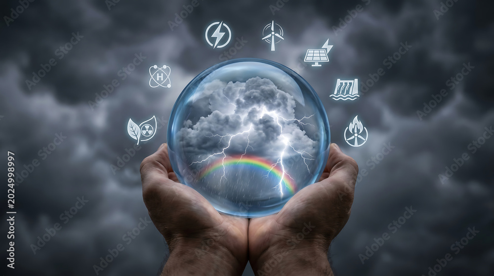 Fototapeta premium Hands Holding Crystal Sphere With Storm Lightning and Rainbow Surrounded by Renewable Energy Icons Representing Climate Solutions Advocacy