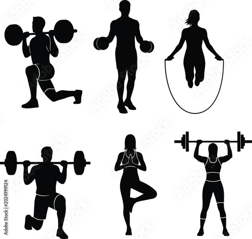 Fitness exercise silhouettes set with workout poses, jump rope, dumbbells, yoga, and weightlifting isolated on white