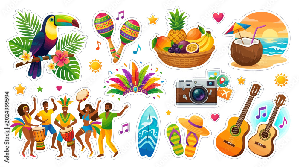 Obraz premium Vibrant tropical stickers featuring a toucan, fruits, people, and musical instruments