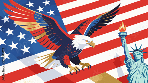Foto An American bald eagle soars in front of the United States flag with the Statue of Liberty in the background, symbolizing freedom and patriotism
