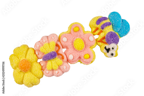 Colorful sugar-coated gummy candies shaped like flowers and bees isolated on a white background. Bright and playful sweets ideal for dessert, confectionery, kids, and snack concepts.