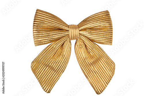 Elegant golden fabric bow with textured ribbon isolated on a white background. Perfect for luxury decoration, festive themes, gift wrapping, wedding design, and celebration concepts.