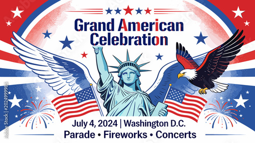 Quadro su tela Grand American Celebration featuring the Statue of Liberty, an eagle, and American flags, marking July 4, 2024, in Washington D