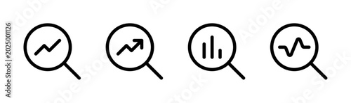 Data analysis icons. Set of data analytics vector icons with editable stroke. Magnifying glass with data charts and graphs. Flat style icons for data analysis, engagement, analytics, diagnostics.