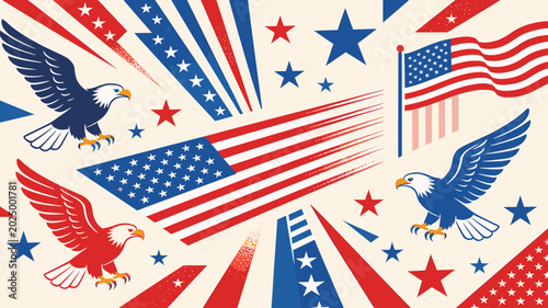 Foto Patriotic American Eagle and Flag Graphic with Red, White, and Blue Starbursts and Stripes