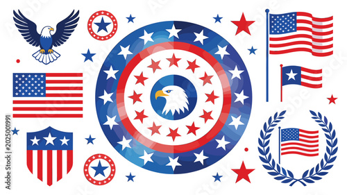 Tableau sur toile Collection of American patriotic symbols including eagles, flags, stars, and shields, rendered in red, white, and blue