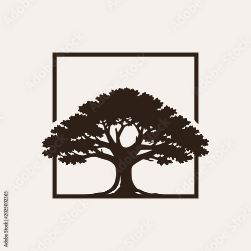 Minimalist tree logo silhouette inside square frame, elegant brown vector illustration, nature-inspired branding design, Eco business emblem, organic style icon isolated on neutral background