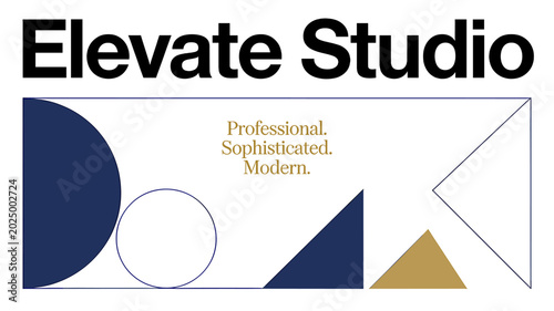 Photos Elevate Studio logo featuring dark blue and gold geometric shapes on a white background with descriptive text