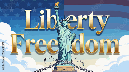 Photos The Statue of Liberty, a symbol of freedom, stands tall with chains broken, against a backdrop of the American flag and clouds