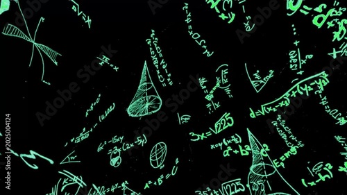 mathematics MATH meme overlay animation in layered algebra handwritten on chalkboard, green fluorescent writing on black background