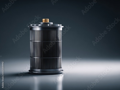 Vintage large format film roll with metal top and grooved body standing upright on dark reflective surface with soft lighting and shadow effects