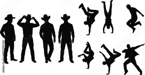 фотографія Cowboy and breakdancer silhouette set with western poses and hip hop dance moves