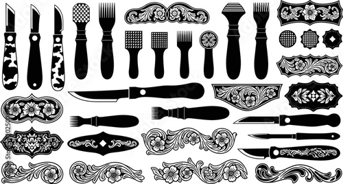 Leathercraft tools vector silhouettes set, including swivel knives, stamps, bevelers, and skivers alongside ornate western floral tooling elements, leather carving handcraft design, 22 words