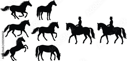 Tableau sur toile Horse silhouettes collection with running standing grazing and rider equestrian