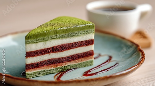 Delicious layered cake with green tea, chocolate, and cream served with coffee.